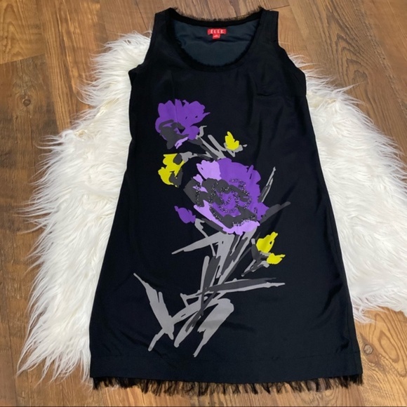 ELLE Black Sleeveless Floral Gemstone Graphic Dress with Fringed Hem Size XS - Picture 12 of 12
